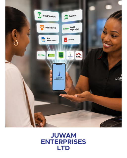 Juwam Enterprises Ltd staff member assisting a customer while service icons and payment-agent logos are displayed.