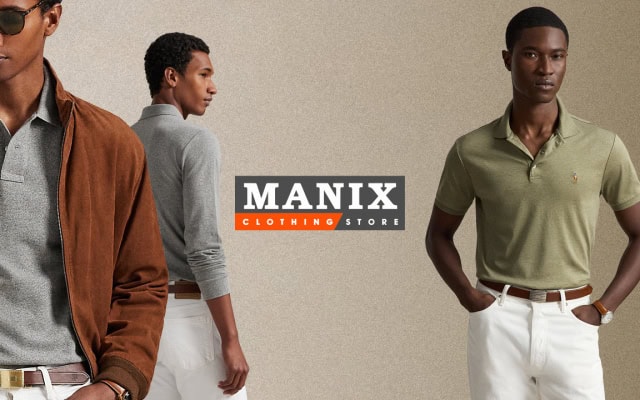 Fashion advertisement showing three men modelling casual clothing with the Manix Clothing Store logo.