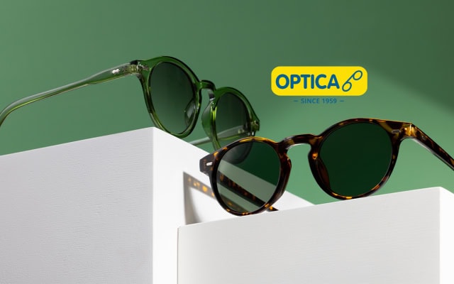 Three pairs of sunglasses displayed on white blocks beneath the Optica logo.