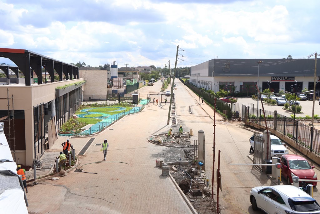 An elevated view shows a pedestrian street, construction work, landscaping, and surrounding mall buildings.