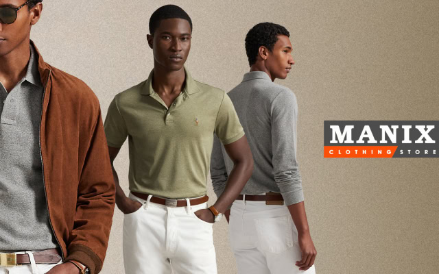 Fashion advertisement featuring three men modelling smart-casual clothing beside the Manix Clothing Store logo.
