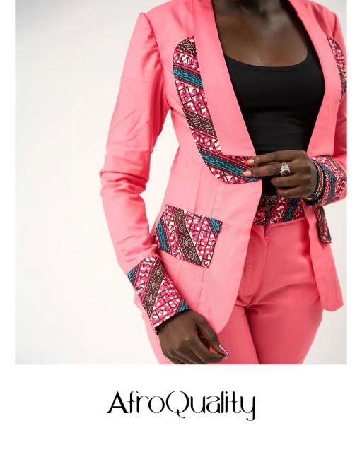 AfroQuality promotional image showing a model wearing a pink suit with patterned trim.