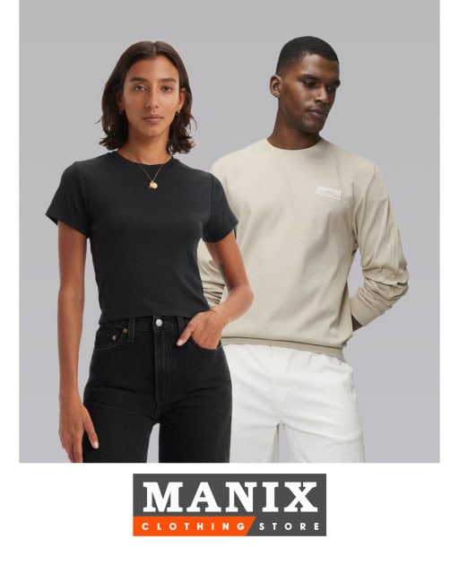 Fashion advertisement showing a woman and man modelling neutral-coloured clothing above the Manix Clothing Store logo.