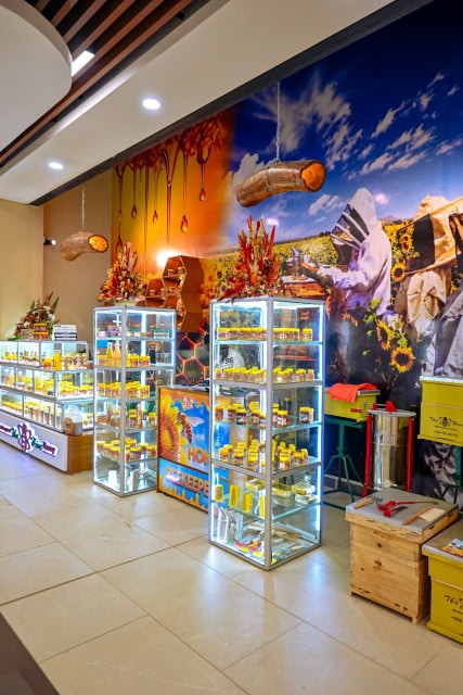 Wide view of a bee-themed retail interior with illuminated product cabinets and beekeeping equipment.