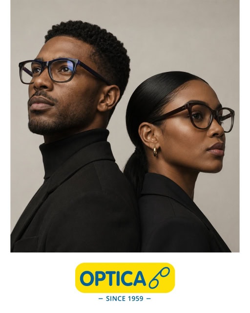 A man and woman wearing eyeglasses in a promotional Optica campaign image.