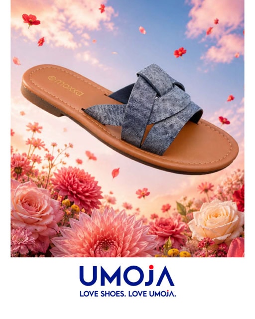 Promotional image of a woven sandal set against pink flowers with the UMOJA logo below.