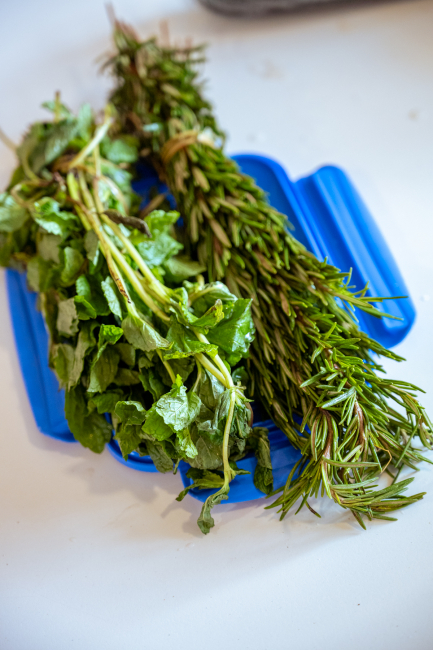 Fresh mint and rosemary arranged on a blue tray for drink preparation.